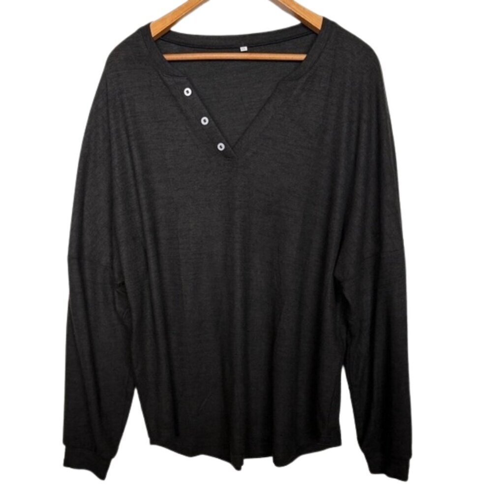 Women's Long Sleeve Henley Top Charcoal Gray Snap Placket Cozy Relaxed Fit XXL